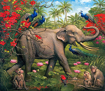 In the jungle, monkeys, elephant, trees, flowers, peacocks HD wallpaper