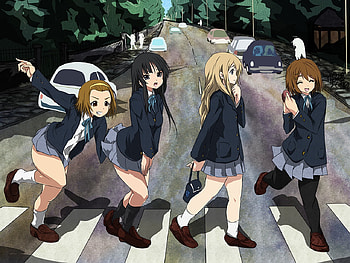 K-ON! Abbey Road [], lucky star, hiiragi tsukasa, car, takara miyuki, madhatter hello, clannad, tainaka ritsu, parody, kuroi nanako, instrument, , k-on, skirt lift, narumi yui, akiyama mio, crossover, abbey road, seifuku, hiiragi kagami, socks, pantyhose, anime, kotobuki tsumugi, ibuki fuuko, hirasawa yui, izumi konata HD wallpaper