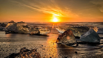 Rocky Beach Sunset, Firefox theme, sky, rocks, sunset, sunrise, beach HD wallpaper