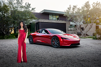 Christina Posing with a Tesla Roadster, tesla, model, dress, brunette, red HD wallpaper