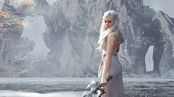 Khalessi With Sword Fantasy , daenerys-targaryen, game-of-thrones-season-8, game-of-thrones, tv-shows, artist, artwork, digital-art, fantasy-girls, sword, dragon HD wallpaper