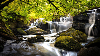 Waterfall at Saint-Herbot, Brittany, France, trees, rocks, cascade, moss, stones HD wallpaper
