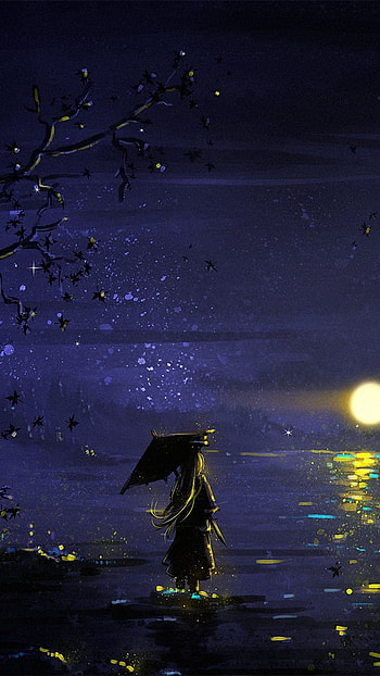 Moonlit Parasol — Long-Haired Maiden of the Eastern Night, long hair, umbrella, night, oriental, fantasy, woman HD phone wallpaper