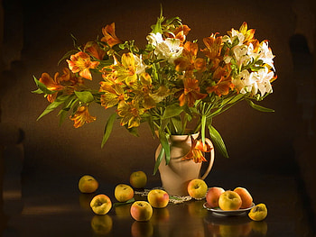 Still life, vase, beautiful, fruits, nice, reflection, pretty, flowers, lovely, harmony HD wallpaper