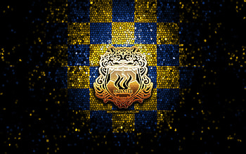 ThespaKusatsu Gunma FC, glitter logo, J2 League, yellow blue checkered background, soccer, japanese football club, ThespaKusatsu Gunma logo, mosaic art, football, ThespaKusatsu Gunma HD wallpaper