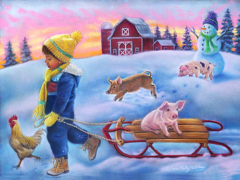 Snow Day on the Farm, snowman, winter, sleigh, barn, snow, trees, hen, pig, painting HD wallpaper