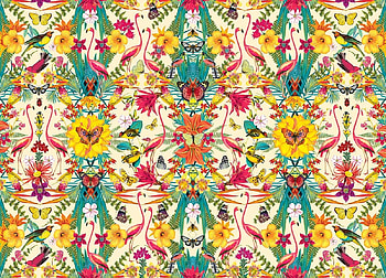 Pattern, colorful, flamingo, bird, orange, summer, pink, green, yellow, red, flower, texture, vara HD wallpaper
