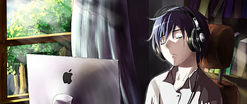 Anime Boy Crying In Front Of Apple Laptop, anime-boy, anime, crying, artist, artwork, digital-art HD wallpaper