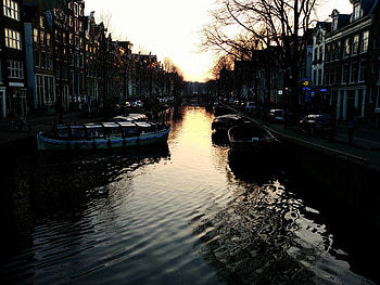 Cities, Sunset, Boats, Building, Channel, Amsterdam HD wallpaper