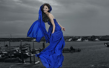In blue Dress, asian, smile, girl, two colors, blue and black, portrait, blue dress, view, wreath HD wallpaper