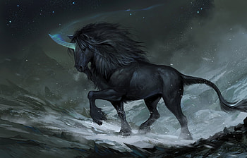 Black unicorn, blue, horse, black, art, mountain, sandara, fantasy, unicorn, luminos HD wallpaper