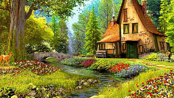 magic house, landscape, flowers, magic, house HD wallpaper
