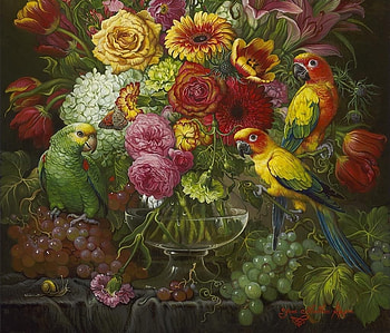 Flowers and parrots, art, yana movchan, grapes, vase, painting, pictura, flower, yellow, red, fruit, pasari, parrot HD wallpaper
