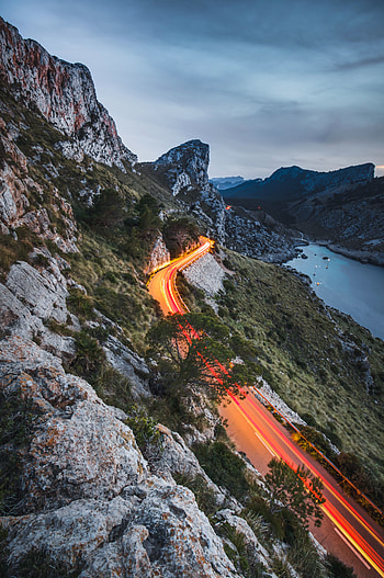 Landscape, Nature, Mountains, Lights, Road, Movement, Traffic, Long Exposure HD phone wallpaper