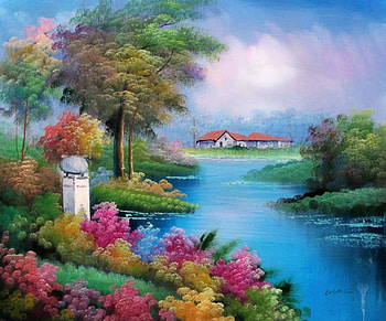 Twilight Garden, river, house, trees, garden, colourful HD wallpaper