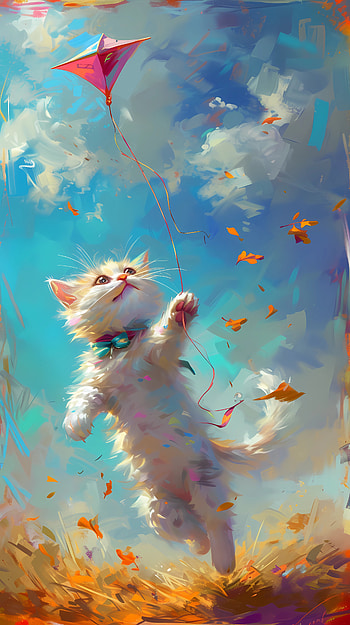Kitty and kite 3, cute, Joy, kitten, cat, cute cat HD phone wallpaper