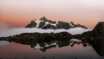 Snowy Mountains And Still Water, snow, mountains, mountain, lake, sky, clouds, nature HD wallpaper