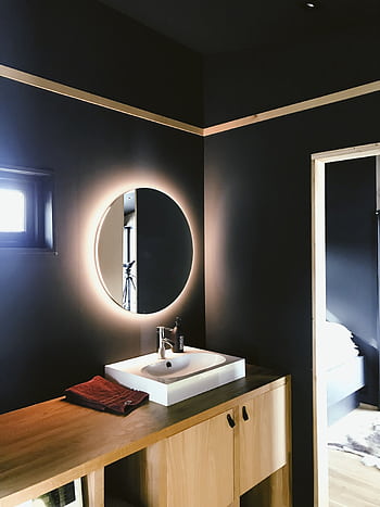 A sleek and contemporary Scandinavian bathroom with modern fixtures and ambient lighting. HD phone wallpaper