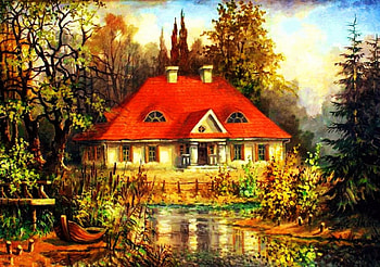 Manor house, boat, manor, art, mill, house, beautiful, serenity, lake, quiet, painting, cottage, calmness, countryside, pond HD wallpaper