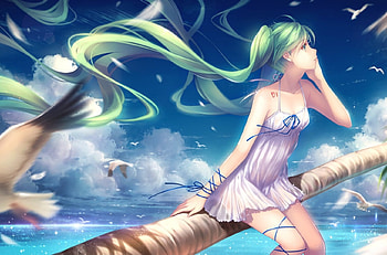 Sunny day, blue, birds, sand, palm, cute, ribbons, long hair, dress, beach, lady, twintails, ocean, female, sea, white, Hatsune Miku, art, Vocaloid, seagles, girl, beautiful, woman, anime girl, anime, pretty, clouds, sky, lovely HD wallpaper
