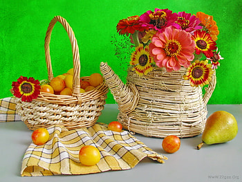 Flowers and fruits, basket, pear, daisy, flower, green, fruit, apple, nature HD wallpaper