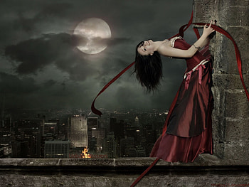 Urban passion, night, moon, wall, dress, heights, woman HD wallpaper