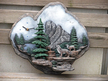 Clock with Wolves on wooden fence, threes, wolves, fantasy, art, sky, nature, clock, mountains HD wallpaper