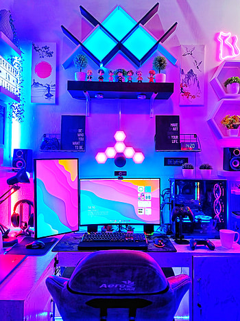 Gaming Setup 2022, tech, magenta, gamingsetup, setups, night, pcsetup, rgb, rgblight, desksetup HD phone wallpaper