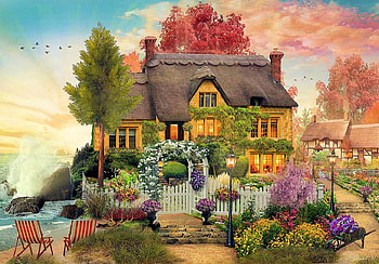 Oceanside Hideaway, sea, path, garden, rocks, chairs, artwork, painting, trees, cottage, flowers HD wallpaper