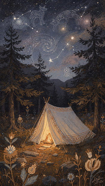 Moonlit Tent: Starry Camping, Campfire, Night Sky HD phone wallpaper