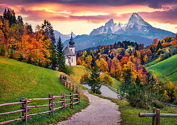 Autumn in Bavaria, village, hills, fall, path, church, mountain, fence, Bavaria, autumn, trees, Germany, forest, sunset HD wallpaper