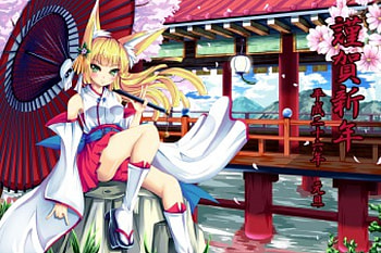 kitsune bishoujo, close, umbrella, pretty eyes, chinese, long hair, cute girl, miko dress, anime, bridge, blonde hair, pretty girl HD wallpaper