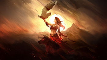 Girl With Ember Wolf And Sky Sentinel, girl, wolf, sky, eagle, artwork, art, digital-art, artist, deviantart HD wallpaper