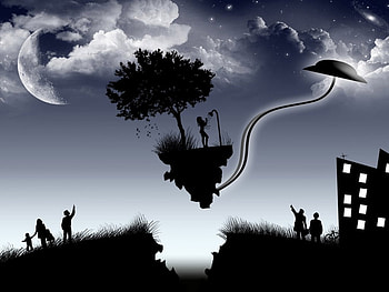 The Getaway, darkness, moon, building, ufo, people HD wallpaper