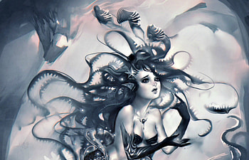 Mermaid, white, black, sakimichan, art, girl, woman, pink, fantasy HD wallpaper
