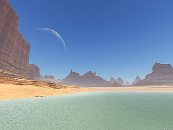 Nice desert lake, landscape, soft, peaceful, beautiful, rocks, nice, lake, moon, pretty, desert, nature HD wallpaper