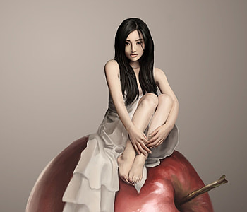 Innocence, sitting, young, apple, girl HD wallpaper
