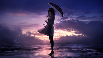 Girl With Umbrella At Purple Sunset, anime-girl, umbrella, purple, sunset, clouds, cloud, artist, artwork, art, digital-art, ai, deviantart HD wallpaper