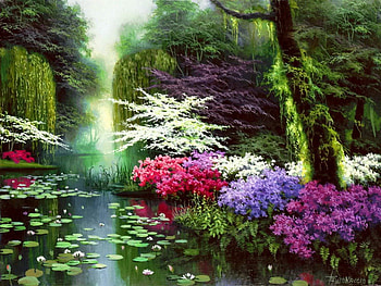 Liquid enchantment, colorful, crystal, , serenity, mist, quiet, shore, reflection, painting, trees, greenery, pond, tranquility, art, woods, bushes, grass, lake, liquid, enchantment, mirrored, green, nature, flowers, lilies, clear, calmness, forest HD wallpaper
