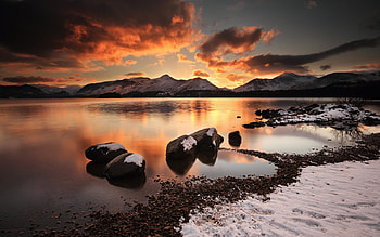 Sunrise by water, mountains, snow, lake, sunrise, rocks HD wallpaper