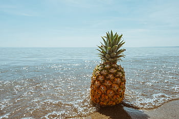A fresh pineapple resting on a sandy beach by the ocean under a sunny sky. HD wallpaper