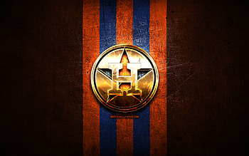 Houston Astros emblem, MLB, golden emblem, orange metal background, american baseball team, Major League Baseball, baseball, Houston Astros HD wallpaper
