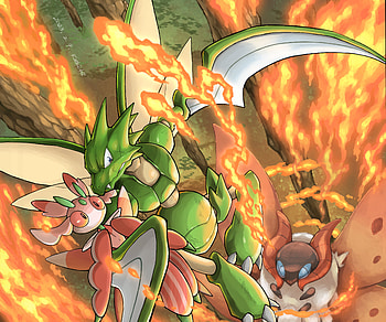 Lurantis vs Scyther — Pokémon Sun & Moon Quad, Scyther (Pokémon), video game, Pokémon: Sun and Moon HD wallpaper