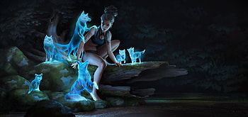 Fox spirits, girl, dark, blue, night, frumusete, art, vulpe, fox, spirit, fantasy, ekaterina yakovleva, luminos HD wallpaper