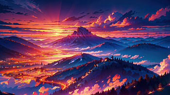 Digital Sunset Over Majestic Mountain Landscape, landscape, mountain, Digital Art, sunset HD wallpaper