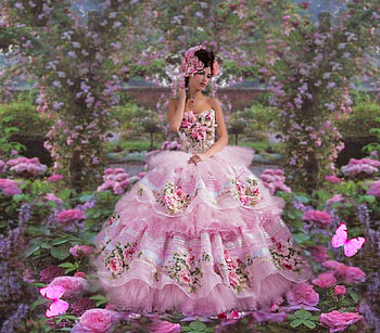 Secret Garden, floral, artistic, butterflies, creative, vivid, bold, female, stunning, breathtaking, roses, gorgeous, girl, feminine, beautiful, woman, pink, pretty, bright colors, flowers, women, gown, lovely HD wallpaper
