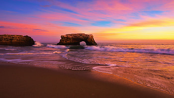 Santa Cruz, California, sunset, sea, arch, colors, clouds, sky, rocks, usa HD wallpaper