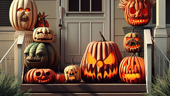 Halloween jack-o'-lanterns on a porch, jack-o'-lantern, AI Art, holiday, halloween HD wallpaper