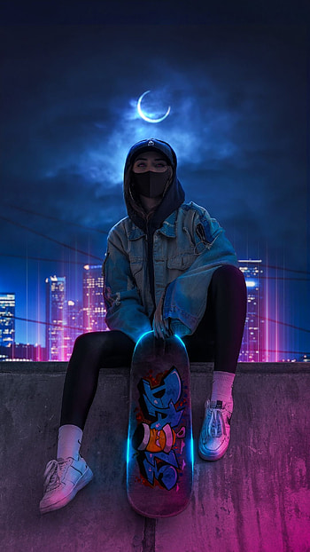 Skate girl, sky, moon, night, dark, sitting, mask HD phone wallpaper