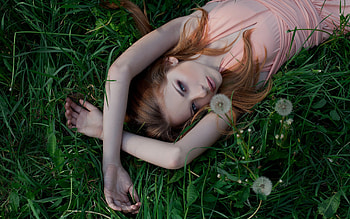 :), summer, view from the top, pink, dandelion, girl, redhead, vara, woman HD wallpaper